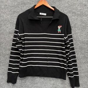 Everlynn Apparel Striped Polo Sweater Black White Embroidered Character Sz S/M